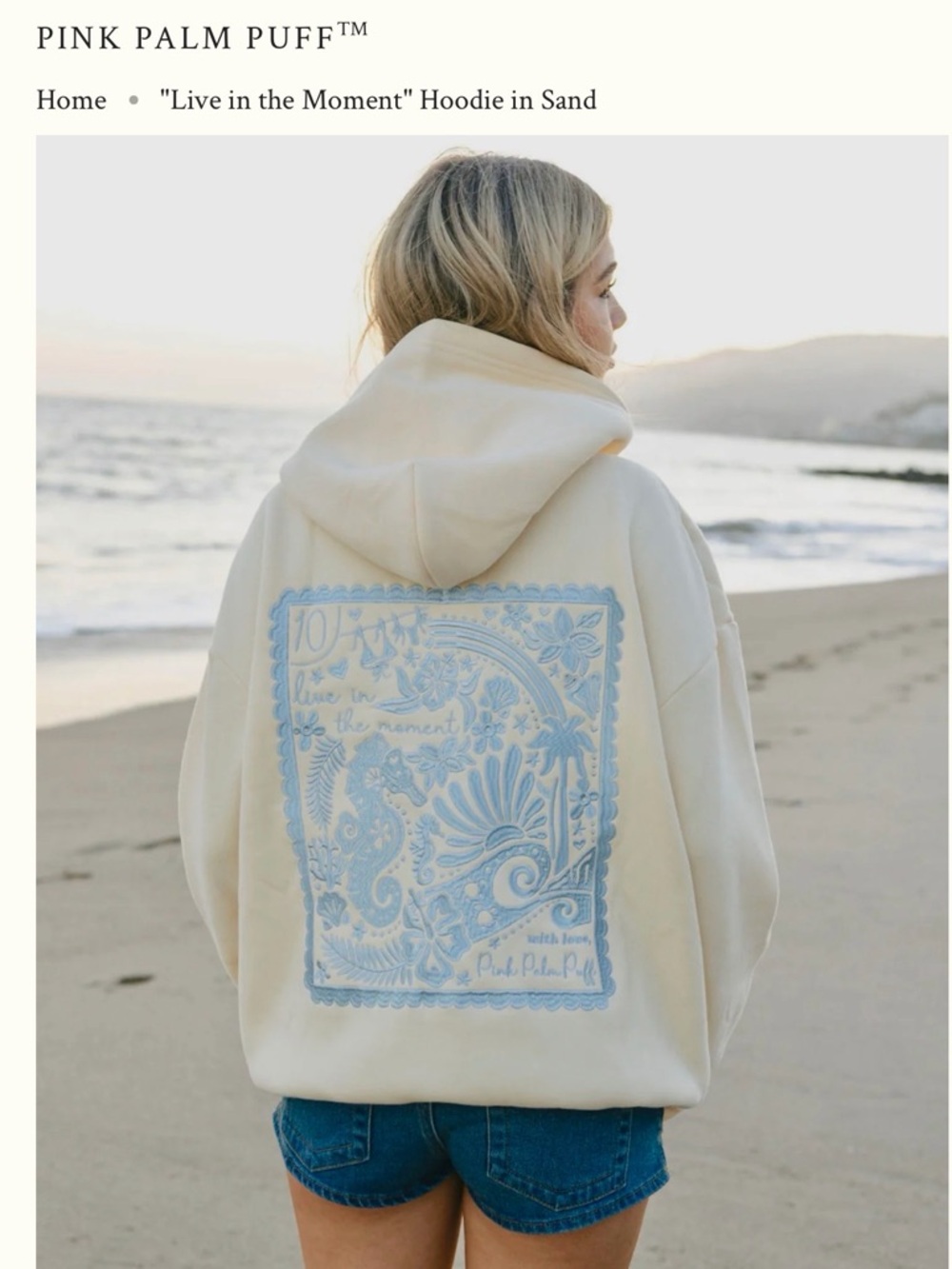 Pink Palm Puff "Live in the Moment" Sand Hoodie